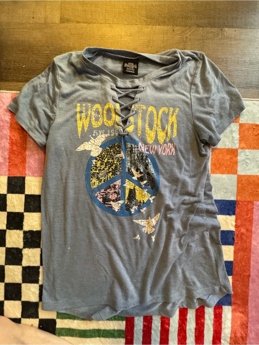 Woodstock Lace-Up Graphic Tee in Dusty Blue
